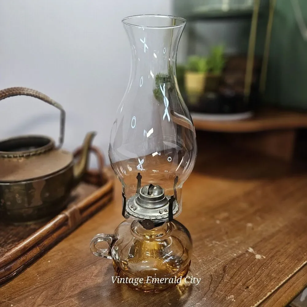 Vtg Miniature Amber Adjustable Wick Glass Oil Lamp China Hong Kong With Chimney